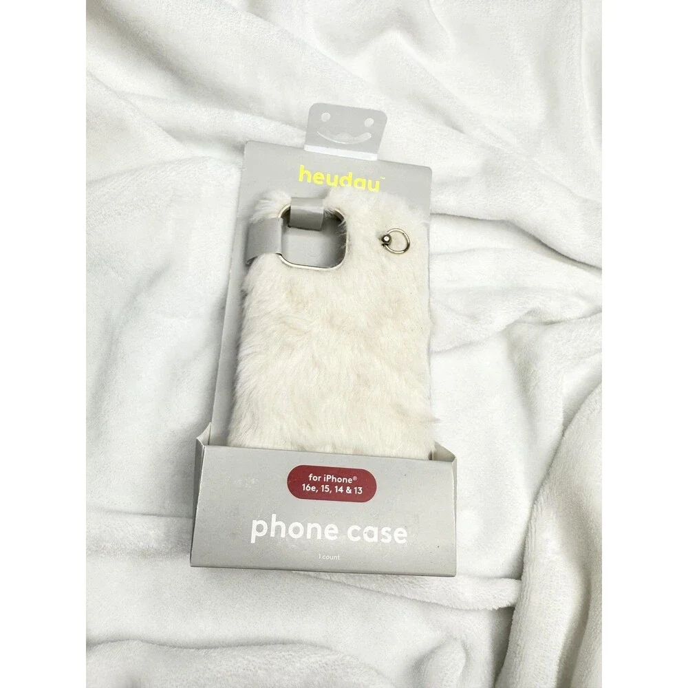 Heyday Furry Ring Phone Case IPhone 16e 15 14 13 Beige Cream Fur Strap Holder
